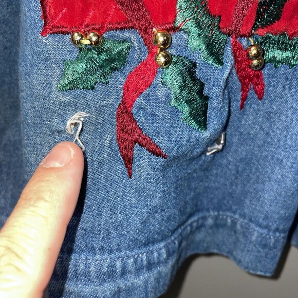 Victoria Jones Vintage Christmas Jean Button Top Blue Denim Embroidered Size Med - Picture 8 of 12